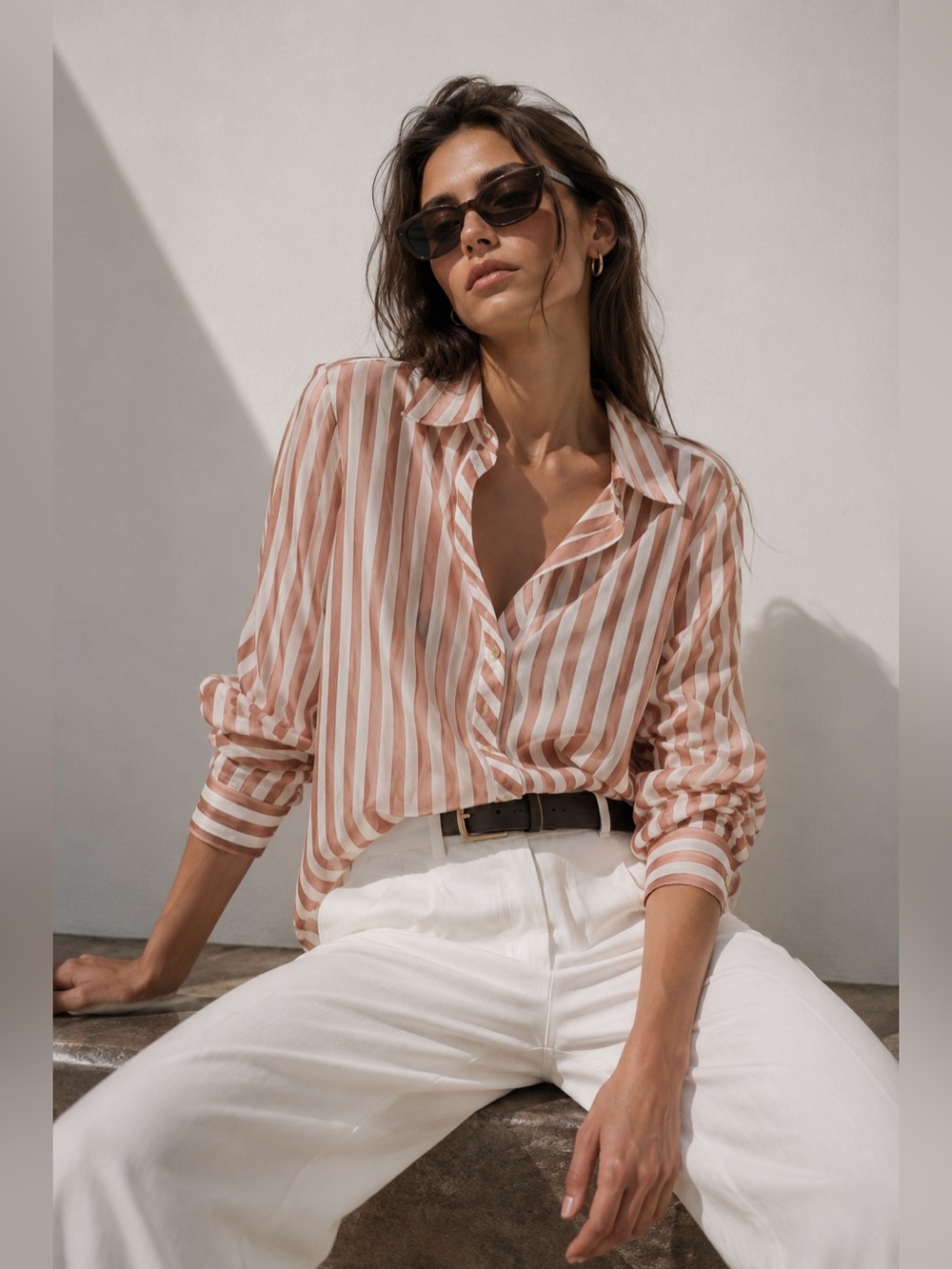 Zara Sheer Striped Button Up Blouse Medium Blush Cream Relaxed M